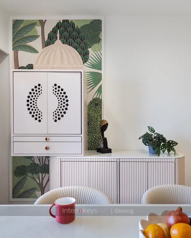 Pooja Unit with Carved Doors and Botanical Mural
