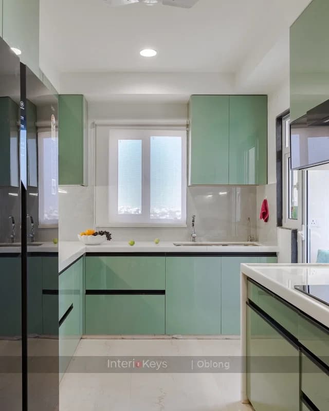 L-Shaped Kitchen with Glossy Mint Cabinets