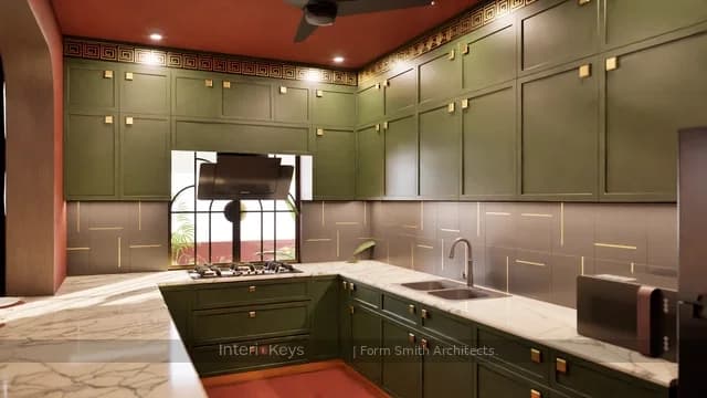 U-Shaped Green Kitchen with Marble Worktop
