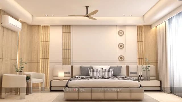 Master Bedroom with Wood-Slat Wall and Round Wall Lights