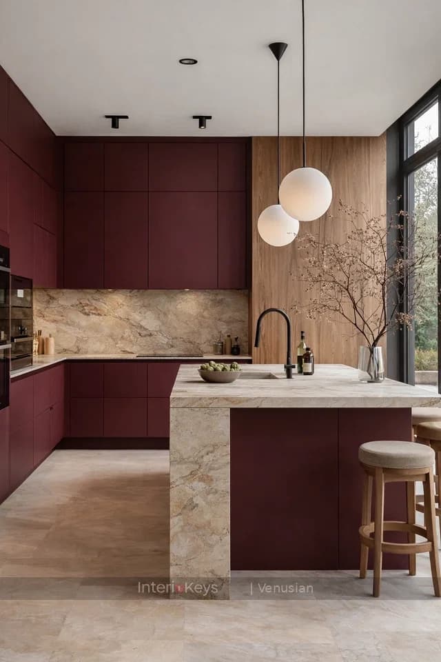 L-shaped Kitchen with Maroon Cabinets and Marble Island