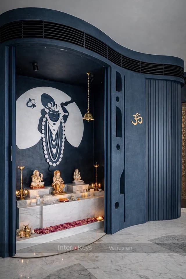 Pooja Room with Navy Fluted Surround and Marble Altar