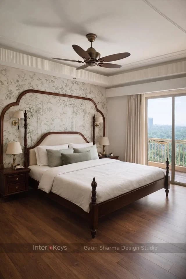 Master Bedroom with Floral Wallpaper and Balcony View