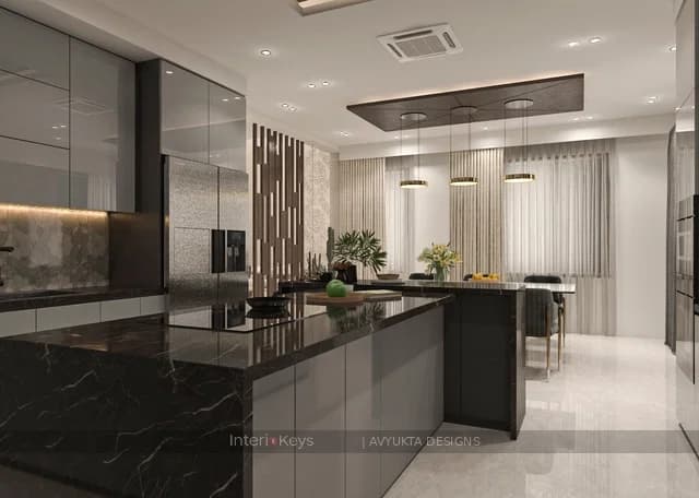 Modern Kitchen with Glossy Grey Cabinets and Island