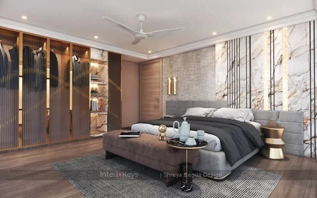 Master Bedroom with Marble Backdrop and Glass Wardrobe