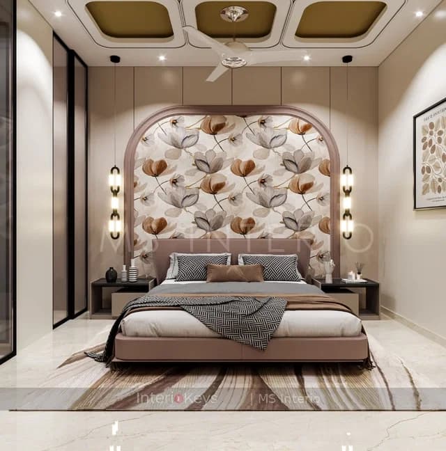 Master Bedroom With Arched Floral Feature Wall