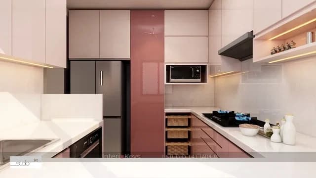 Pink Modular Kitchen With Cane Basket Pull-Outs