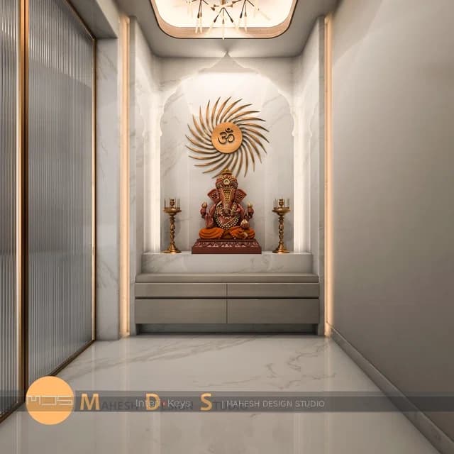 Marble Pooja Room with an Arched Ganesha Niche