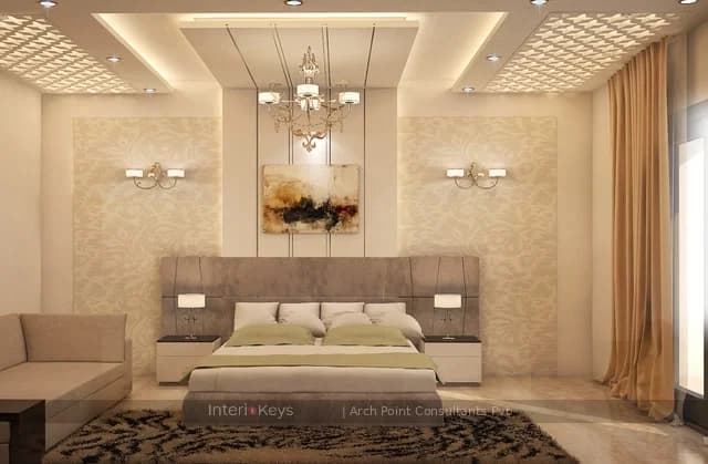 Master Bedroom with Damask Wallpaper and Grand Chandelier