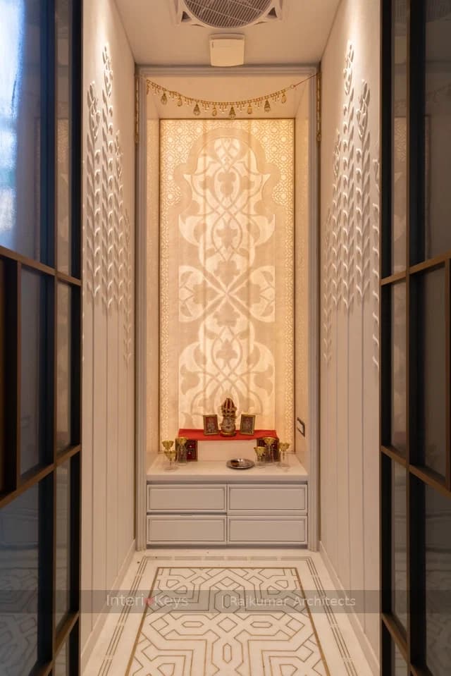 Pooja Room with Backlit Carved Marble Backdrop