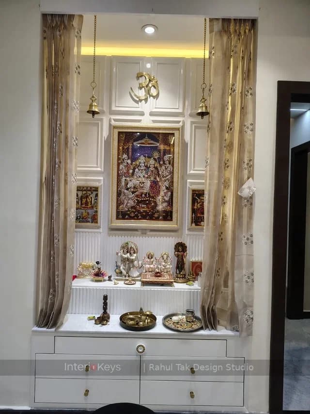 Pooja Room with Panelled Mandir and Backlit Niche