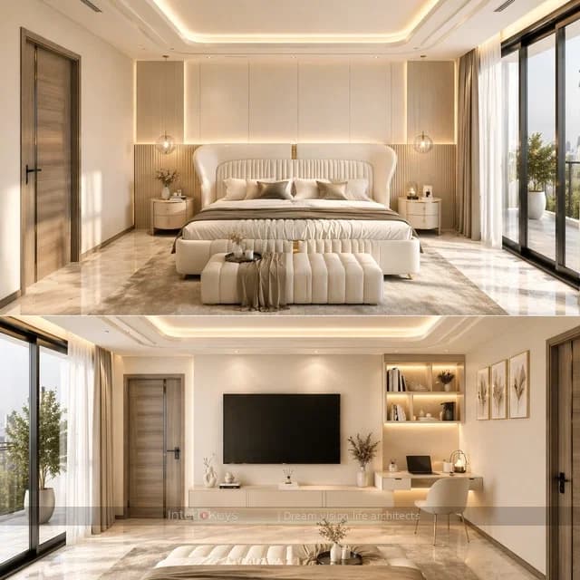 Master Bedroom with Cream Headboard and TV Wall