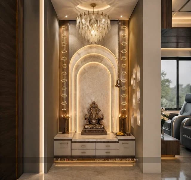 Pooja Room with Arched Marble Niche and Chandelier