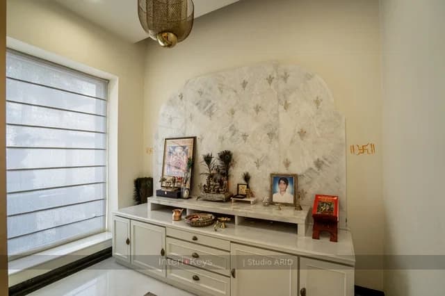 White Pooja Room with Crystal Stone Backdrop
