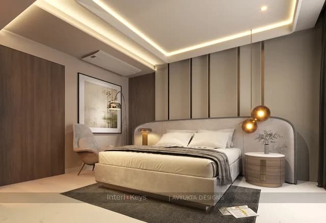 Luxe Master Bedroom with Grooved TV Wall and Grey Bed