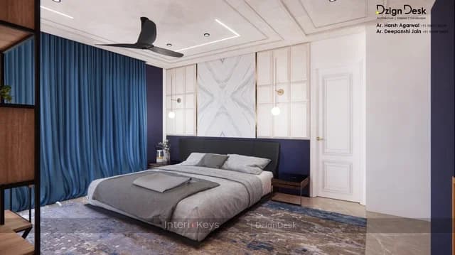 Master Bedroom with Marble Headboard Wall and Study
