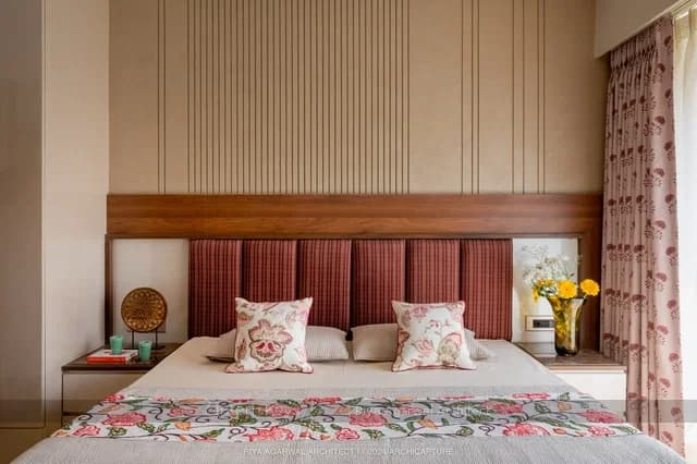 Master Bedroom With Striped Upholstered Headboard