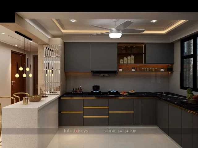Kitchen Area With Grey Cabinets and Gold Accents