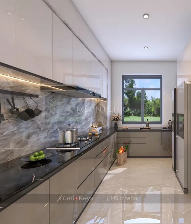 Parallel Kitchen with Grey Marble Backsplash