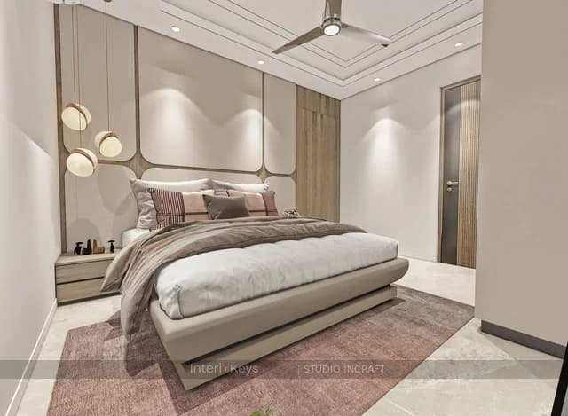 Master Bedroom with Curved Panel Wall and Pendants