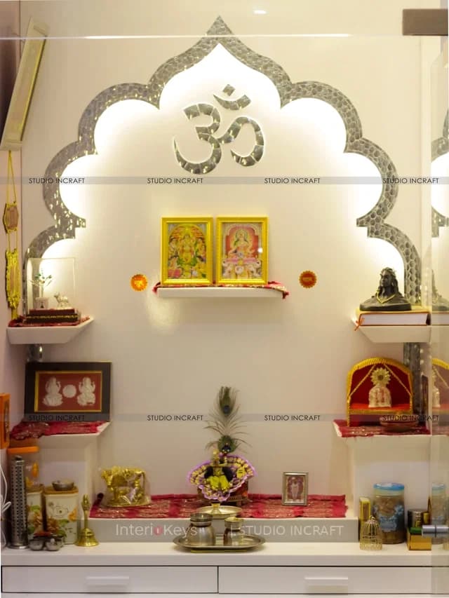 Pooja Room with Scalloped Arch and Backlit Om