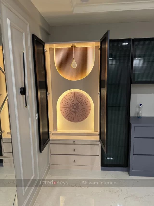 Pooja Unit with Backlit Arch and Sunburst Medallion