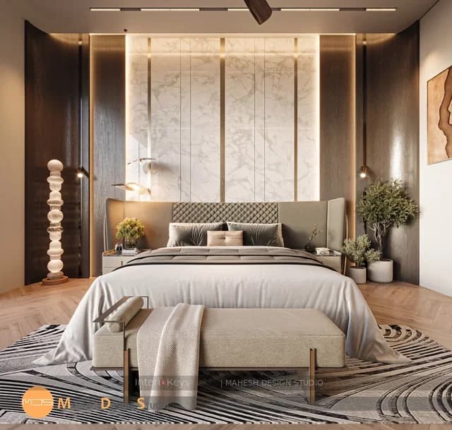 Master Bedroom With Marble Slab Headboard Wall