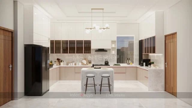 U-Shaped Modular Kitchen with Marble Island
