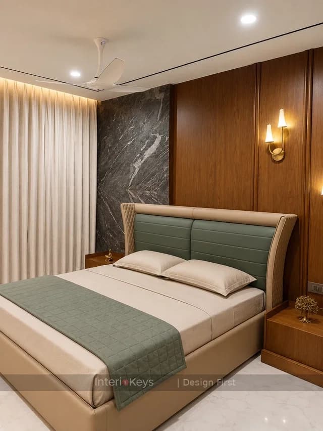 Master Bedroom with Wood Panel and Stone Wall