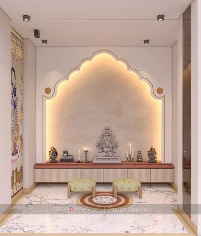 Pooja Room with Backlit Arched Alcove and Wall Art