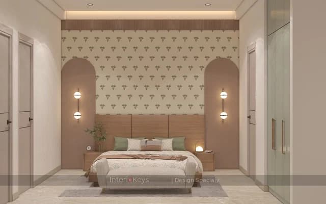 Master Bedroom with Motif Wallpaper and Arched Niches