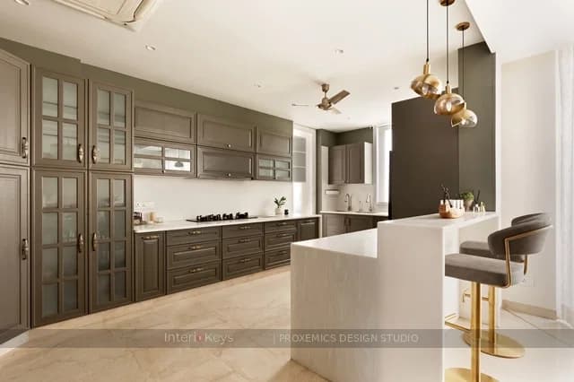 Kitchen with Olive Shaker Cabinets and Bar