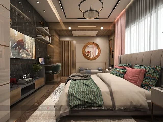 Master Bedroom with Tufted Headboard and Ring Chandelier