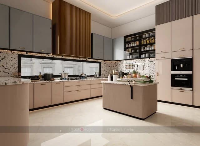 L-Shaped Kitchen with Fluted Island and Terrazzo
