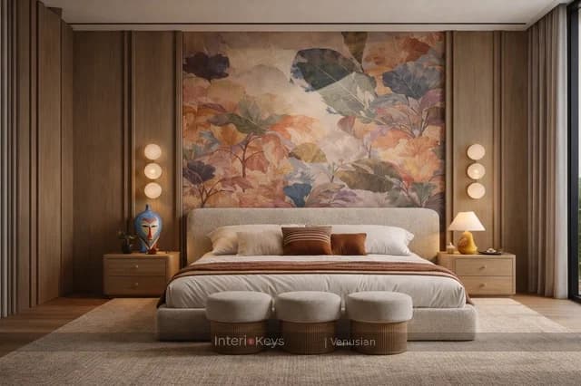 Master Bedroom with Floral Mural Feature Wall