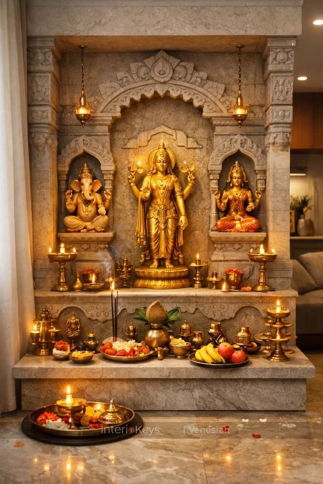 Pooja Room with Carved Marble Temple and Golden Idols
