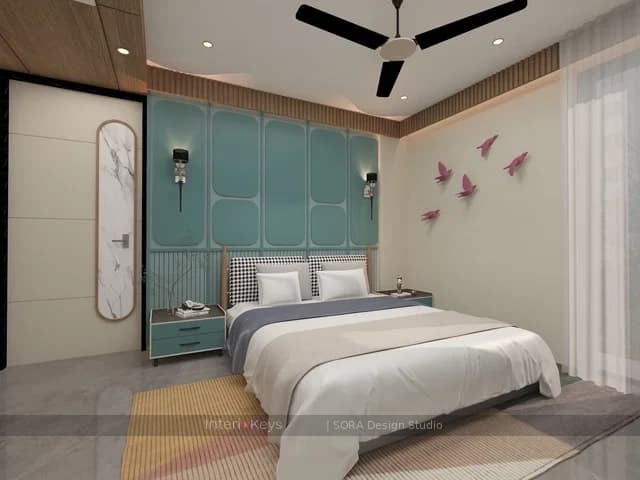 Master Bedroom with Teal Panelled Headboard Wall