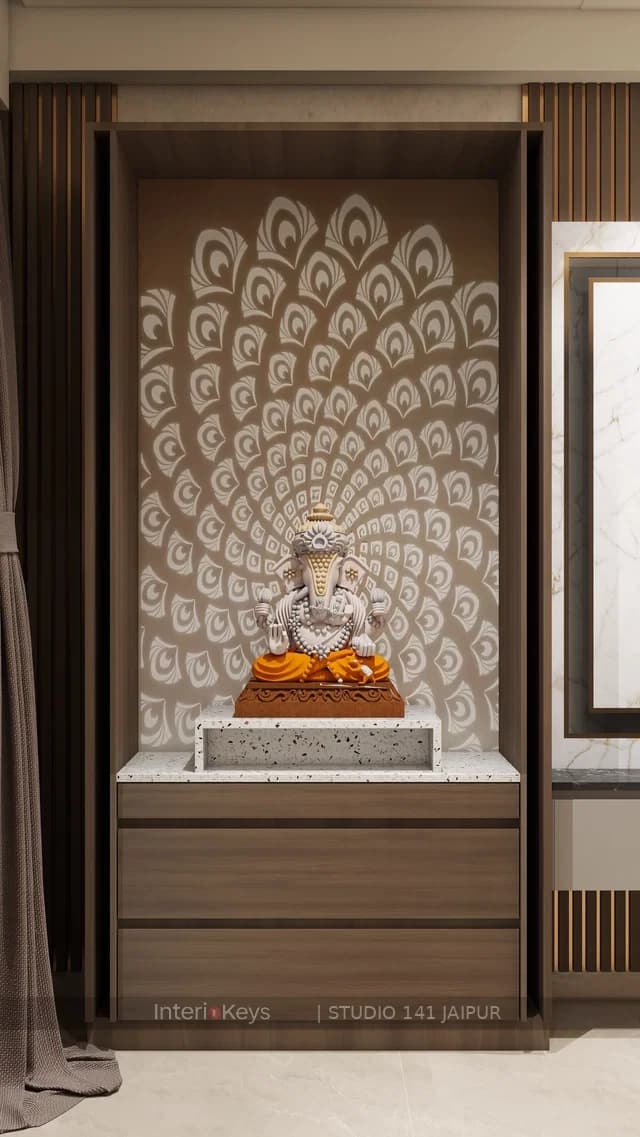 Pooja Room with Backlit Peacock-Feather Mandir