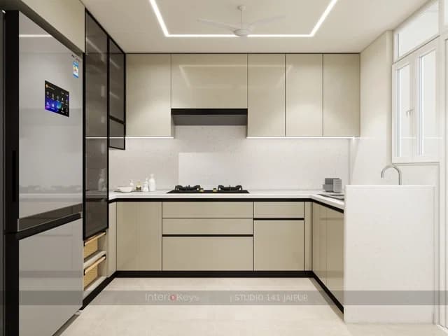 U-Shaped Kitchen with Handleless Cream Cabinets