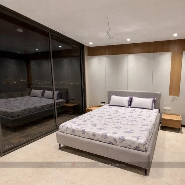 Master Bedroom with Wood Panel Wall and Glass Wardrobe