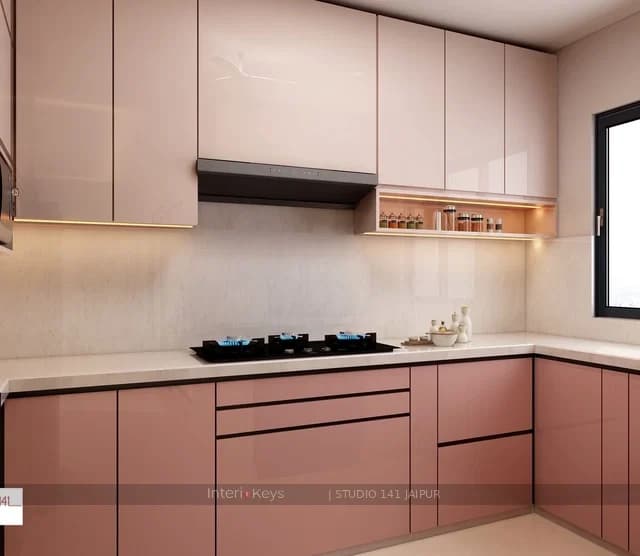 L-Shaped Kitchen In Two-Tone Blush Pink Gloss