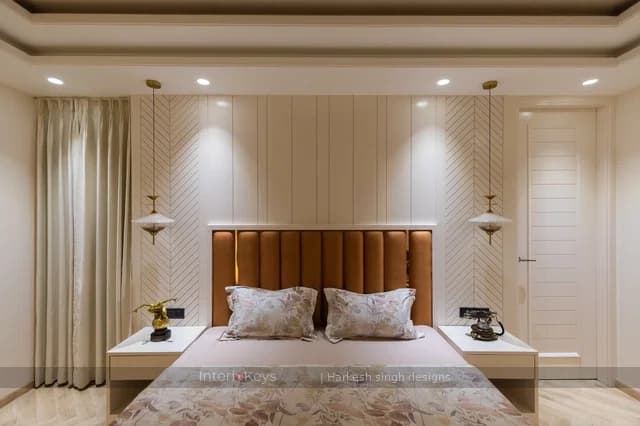 Master Bedroom with Rust Tufted Headboard