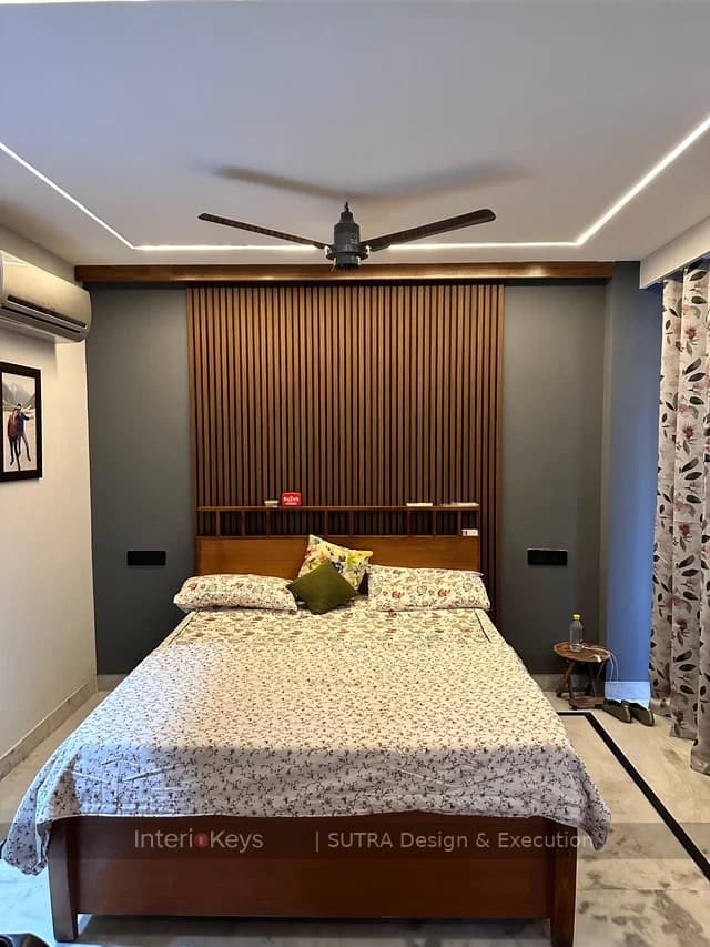 Master Bedroom with Wood-Slat Headboard Wall