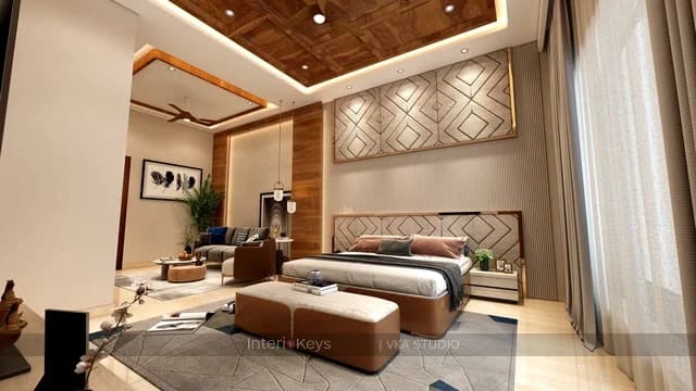 Master Bedroom with Wood Grid Ceiling and Lounge