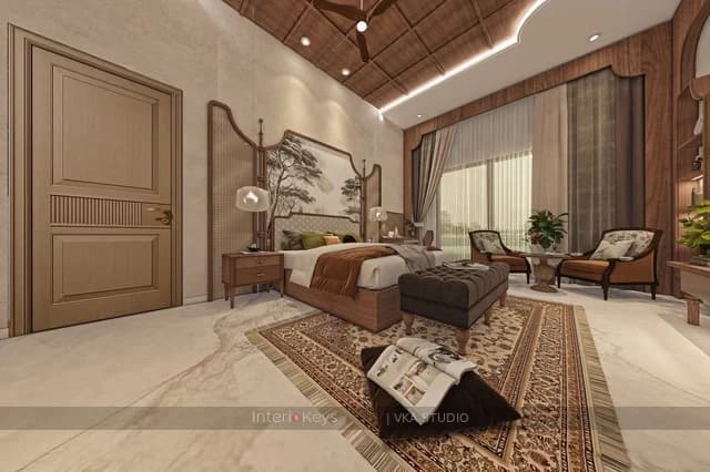Traditional Master Bedroom with Wood Ceiling and Art Panel