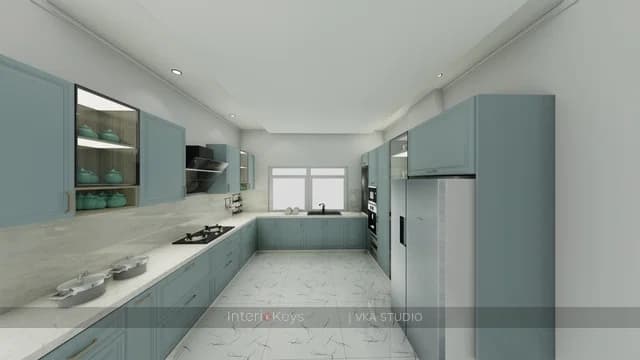 U-Shaped Kitchen with Sage Shaker Cabinets and Marble