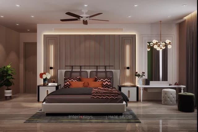 Master Bedroom with Panelled Headboard Wall and Dressing Table