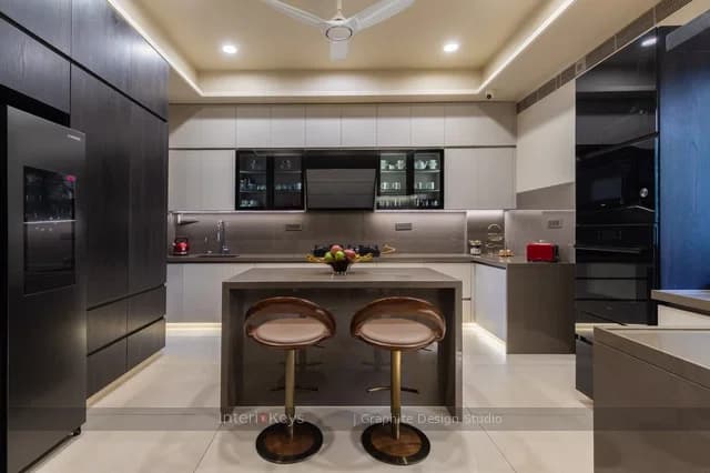 Modular Kitchen with Quartz Island and Breakfast Stools